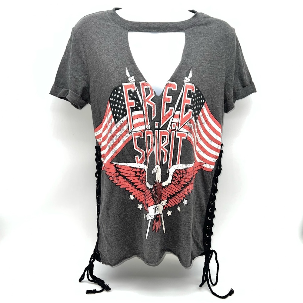 Derek Heart Patriotic Graphic Tee Laces Up The Sides- Charcoal:Crimson-Size S
